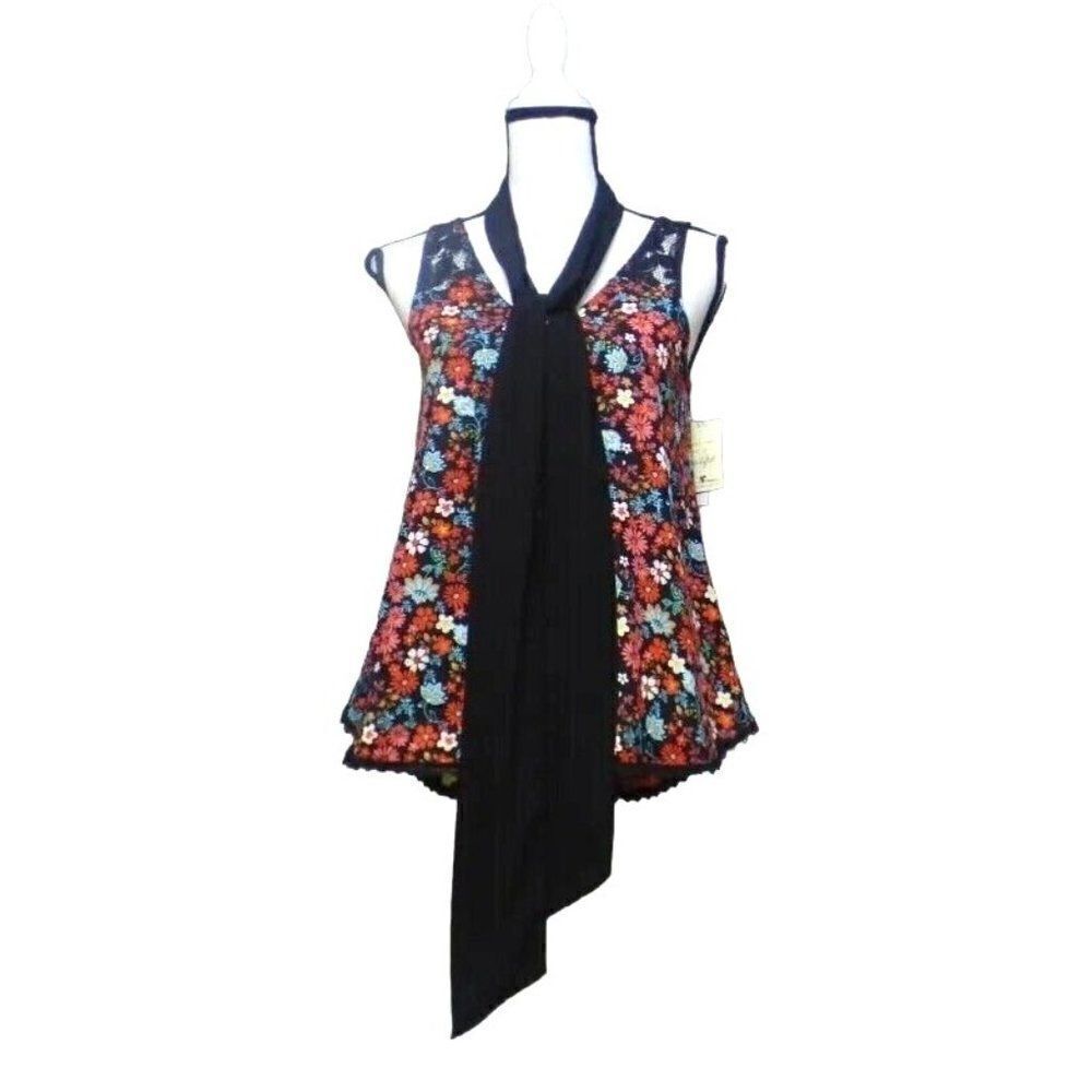 Belle Du Jour Junior’s Lace Trim Printed Scarf Top, Black-multi, XS